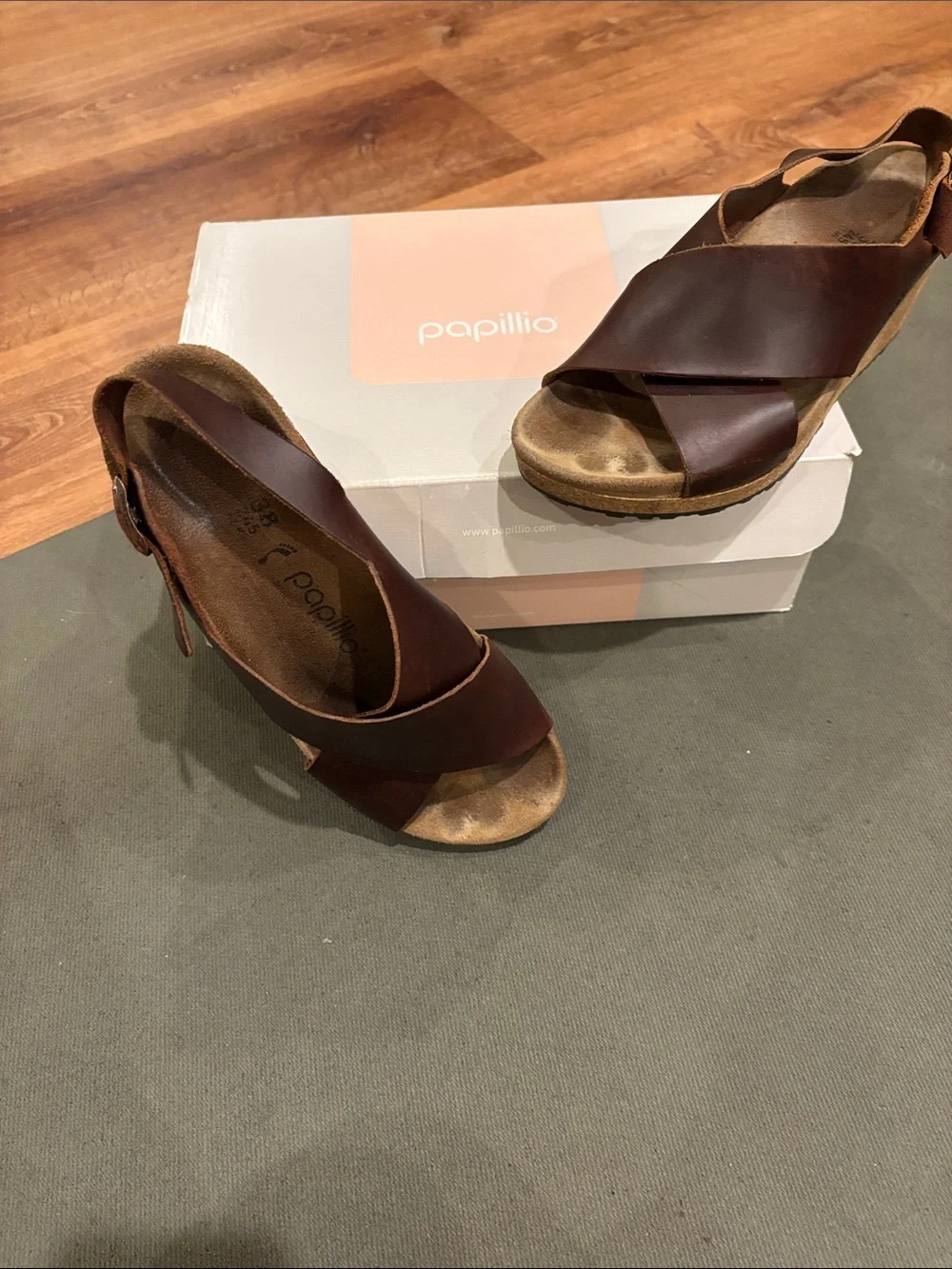 Papillio Brown Leather Crisscross Wedge Sandals